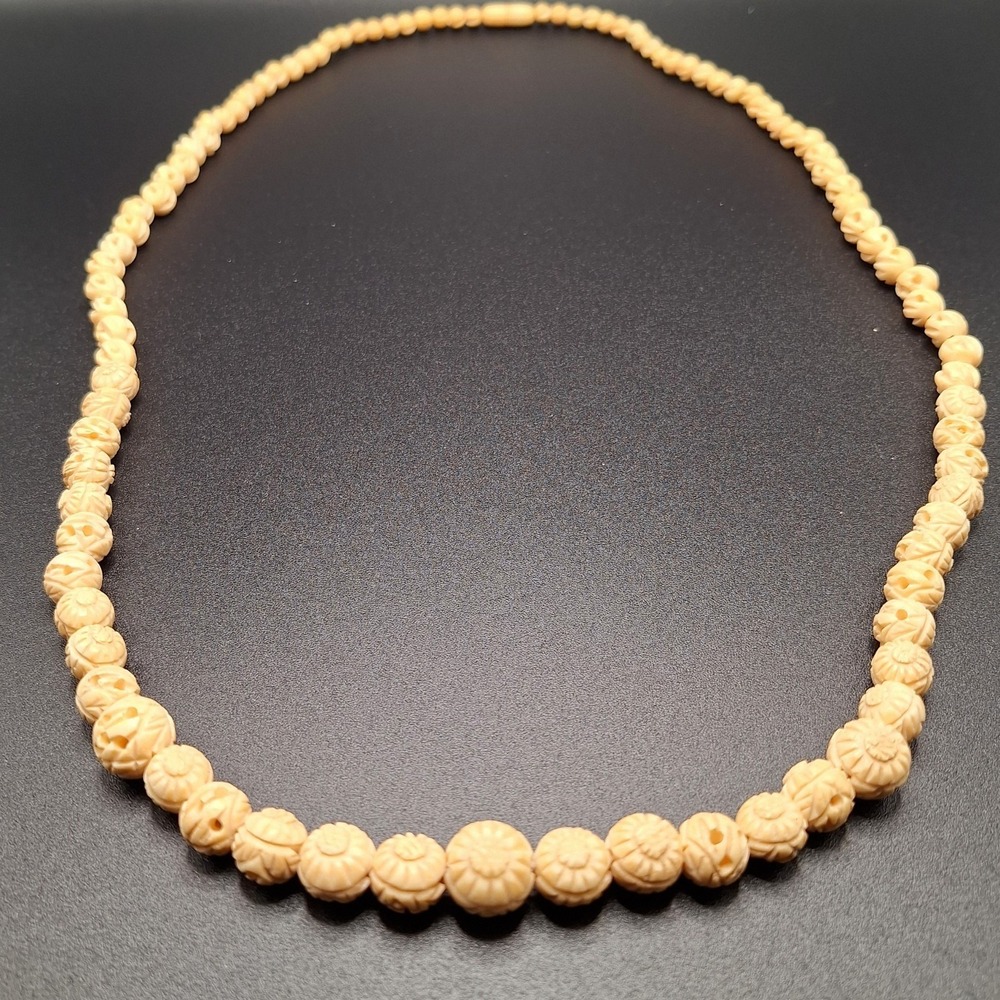 Vintage Carved Rose Flower Bead Ivory Celluloid Graduated Flapper Deco Necklace - Picture 2 of 7